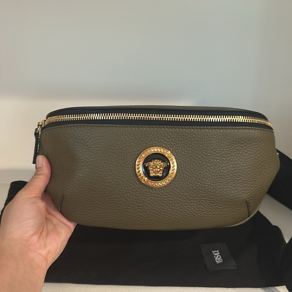 Versace La Medusa olive green leather belt bag